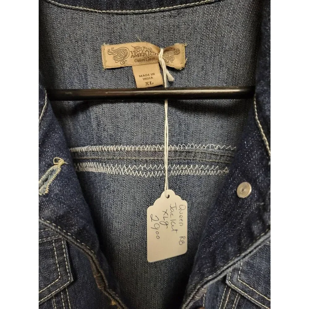 Upcycled reworked jean jacket queen of hearts women's xlg size 16